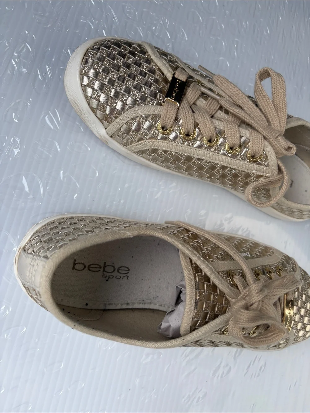 bebe Metallic Beige Woven Lace-Up Sneakers with Gold Accents